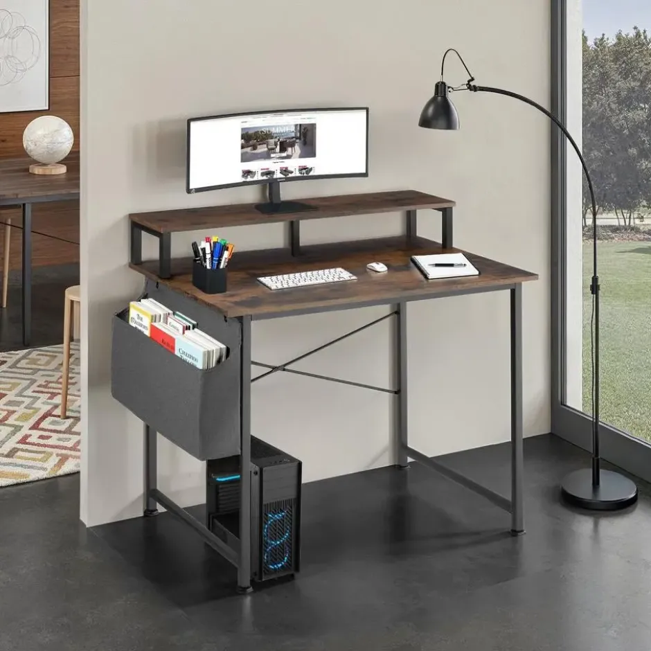 tectake Bureau met plank en organizer, Industrieel Hout Donker, Rustiek