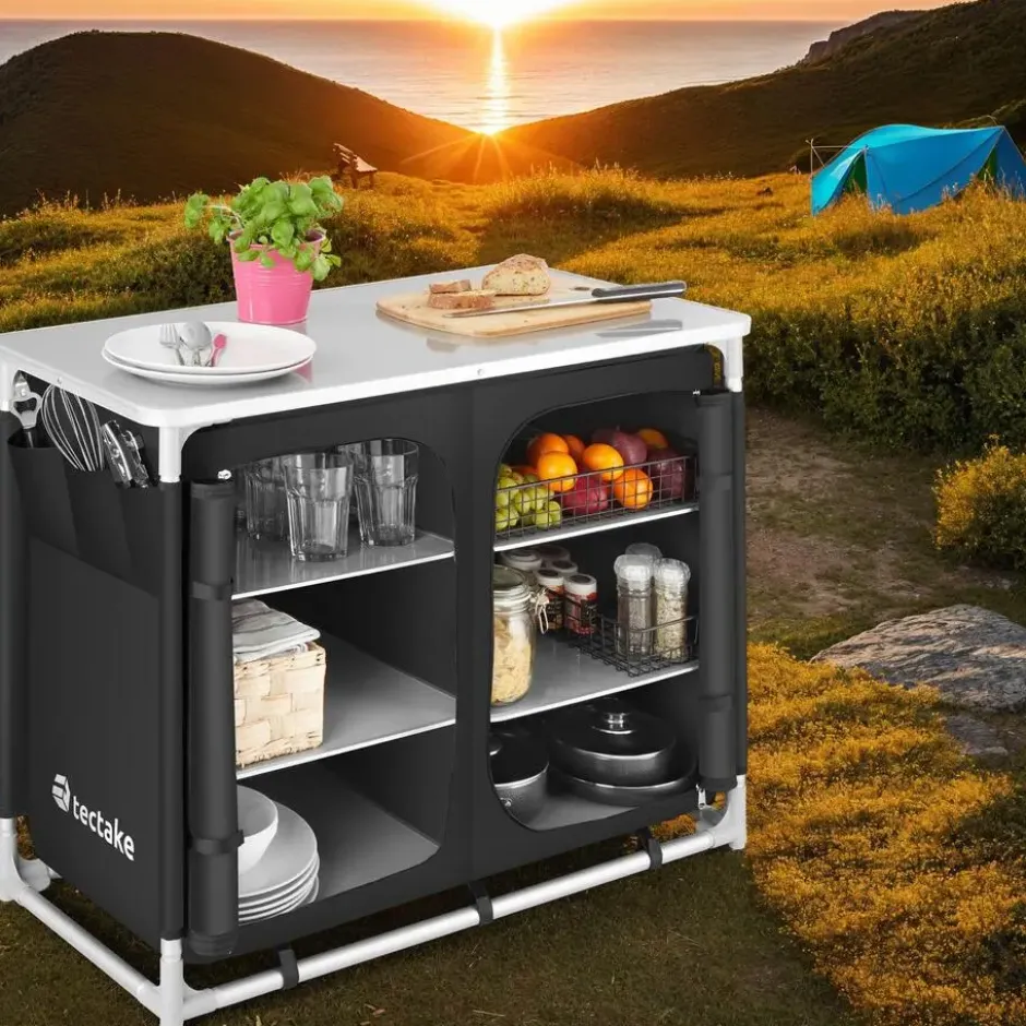 tectake - Campingkeuken 97x47,5x78cm, Zwart