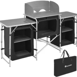 tectake Campingkeuken, Zwart, Aluminium Frame, 5 Vakken, Met Draagtas