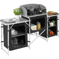 tectake Campingkeuken, Zwart, Aluminium Frame, 5 Vakken, Met Draagtas