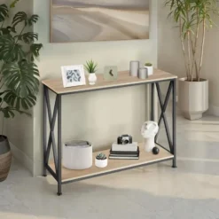 tectake Consoletafel Tacoma 100x35x80,5cm, Industrieel Licht Hout, Eiken Sonoma