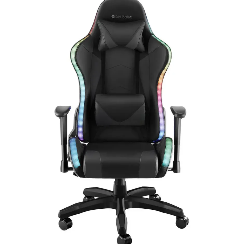 tectake Gaming stoel Tartaros, LED, massagefunctie, Zwart/Zwart