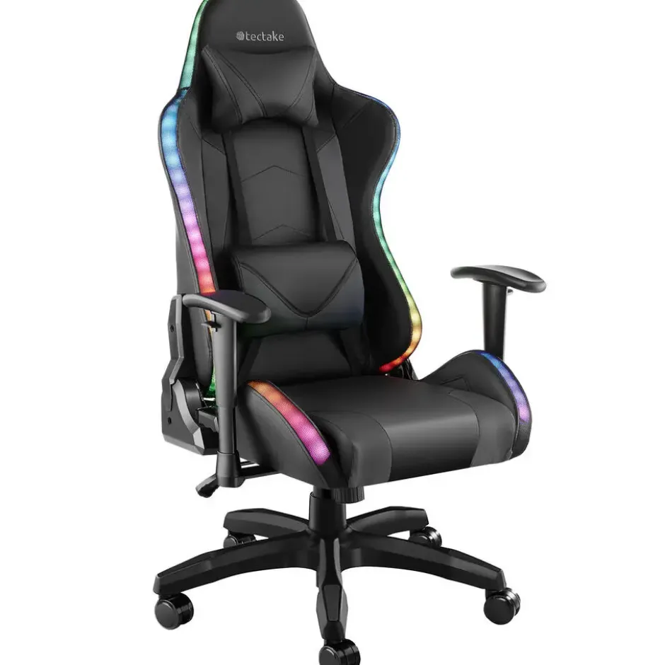 tectake Gaming stoel Tartaros, LED, massagefunctie, Zwart/Zwart