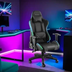 tectake Gaming stoel Tartaros, LED, massagefunctie, Zwart/Zwart