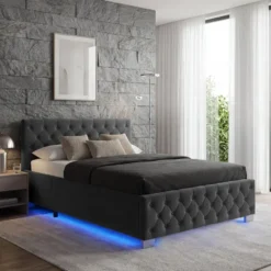 tectake Gestoffeerd bed met LED & opbergruimte, 120 x 200 cm, Fluweellook Zwart