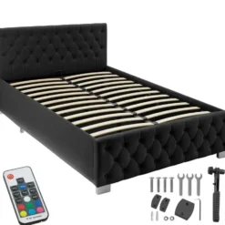 tectake Gestoffeerd bed met LED & opbergruimte, 120 x 200 cm, Fluweellook Zwart