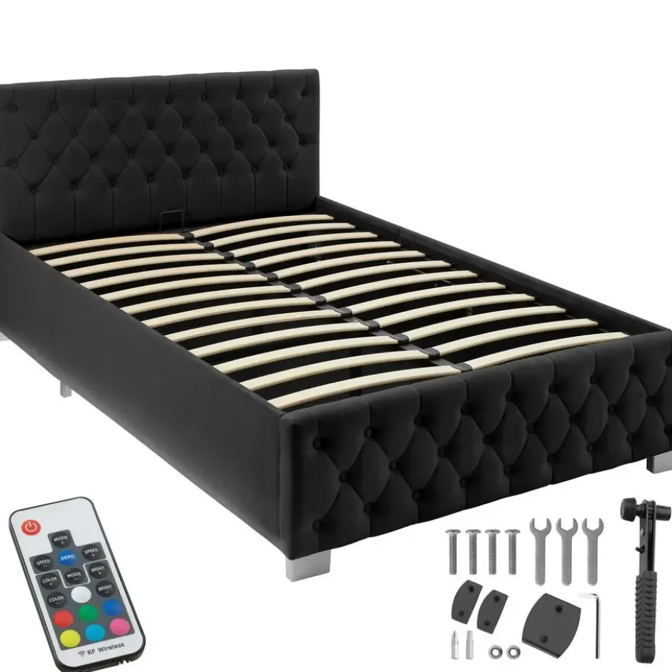tectake Gestoffeerd bed met LED & opbergruimte, 120 x 200 cm, Fluweellook Zwart