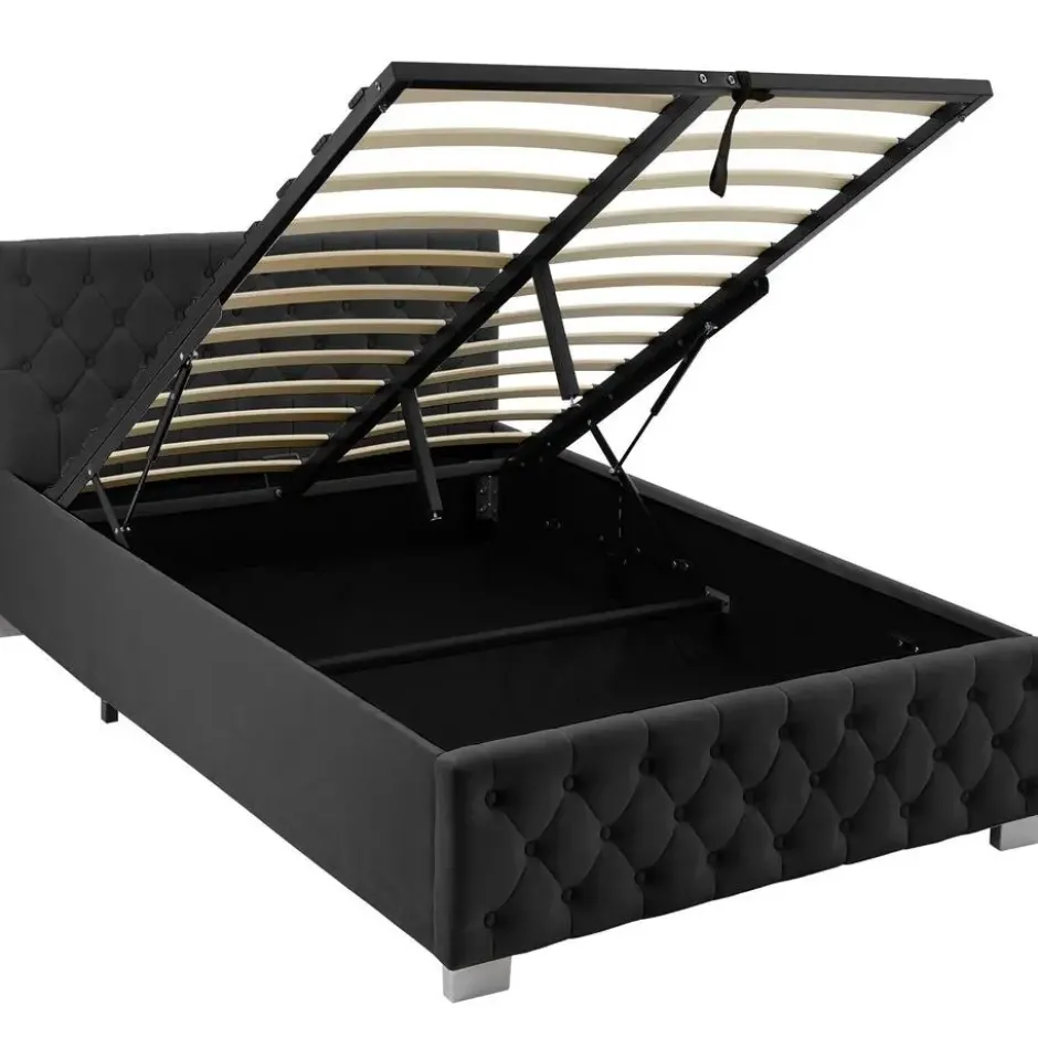 tectake Gestoffeerd bed met LED & opbergruimte, 120 x 200 cm, Fluweellook Zwart
