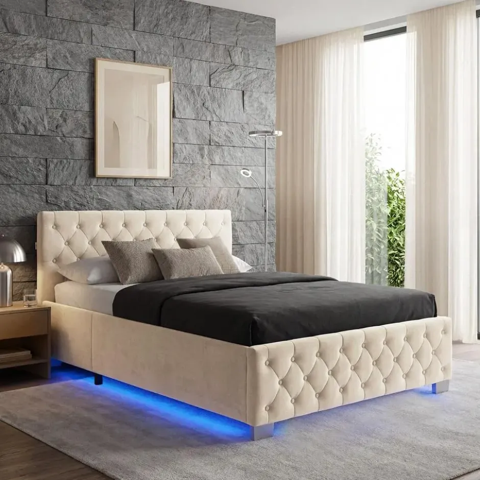 tectake Gestoffeerd bed met LED & opbergruimte, 120 x 200 cm, Fluweellook Zand
