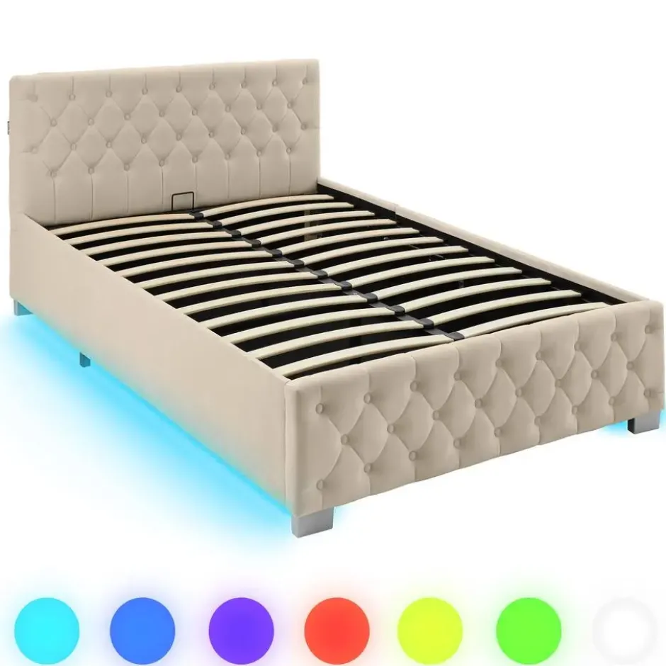 tectake Gestoffeerd bed met LED & opbergruimte, 120 x 200 cm, Fluweellook Zand