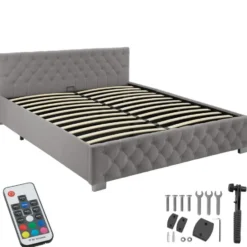 tectake Gestoffeerd bed met LED & opbergruimte, 180 x 200 cm, Donkergrijs