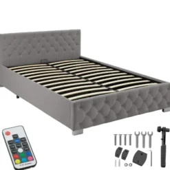tectake Gestoffeerd bed met LED & opbergruimte, 140 x 200 cm, Donkergrijs