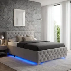 tectake Gestoffeerd bed met LED & opbergruimte, 140 x 200 cm, Donkergrijs