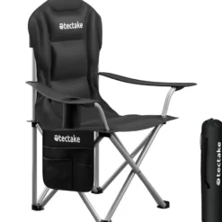 tectake - Gestoffeerde campingstoel MTX, opvouwbaar, met bekerhouder, Zwart