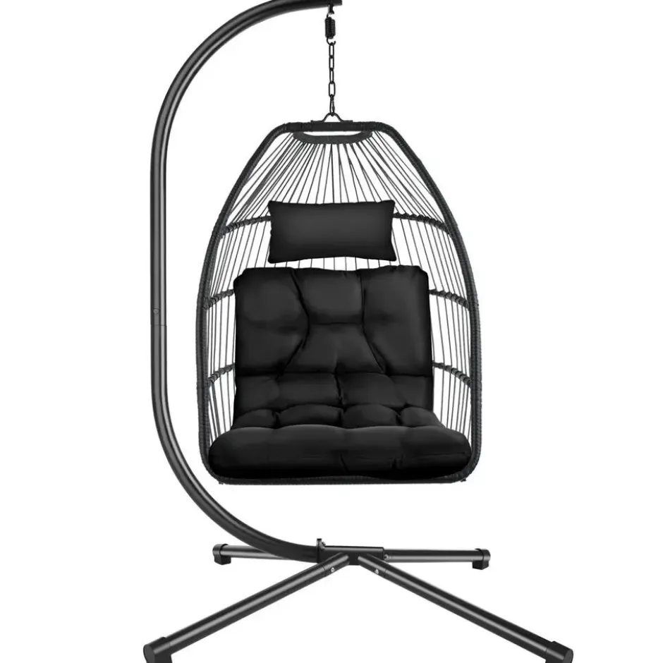 tectake Hangstoel, Comfortabel, Opvouwbaar, Zwart, Met Kussen En Stalen Frame