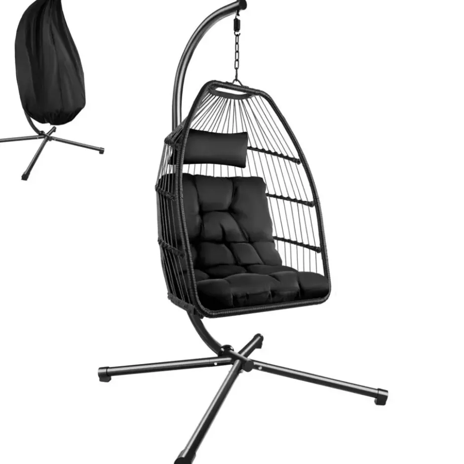 tectake Hangstoel, Comfortabel, Opvouwbaar, Zwart, Met Kussen En Stalen Frame