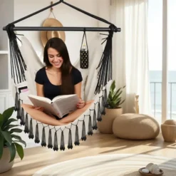 tectake Hangstoel Malika, boho-stijl, draagkracht 150kg, Beige