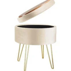 tectake Hocker Ava gestoffeerd in fluweellook 300kg met opbergruimte, Crème