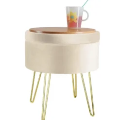 tectake Hocker Ava gestoffeerd in fluweellook 300kg met opbergruimte, Crème