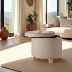 tectake Hocker Suna in linnenlook 150kg met opbergruimte, Zandkleur