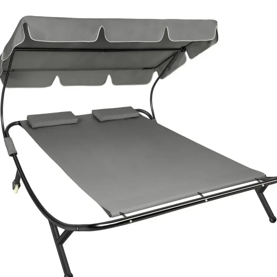 tectake Ligbed, Metalen Frame, Verstelbaar Zonnedak, Zwart Grijs