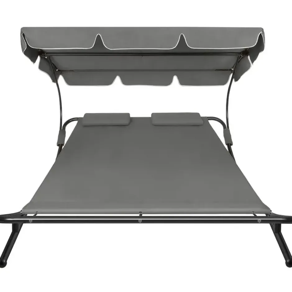 tectake Ligbed, Metalen Frame, Verstelbaar Zonnedak, Zwart Grijs
