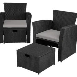tectake - loungeset Modena - wicker - zwart/grijs - incl. beschermhoes