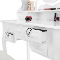 tectake Makeup-tafel met 7 lades, spiegel en hocker in antieke look, Wit