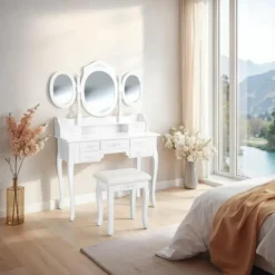 tectake Makeup-tafel met 7 lades, spiegel en hocker in antieke look, Wit