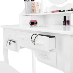 tectake Makeup-tafel met 7 lades, spiegel en hocker in antieke look, Wit