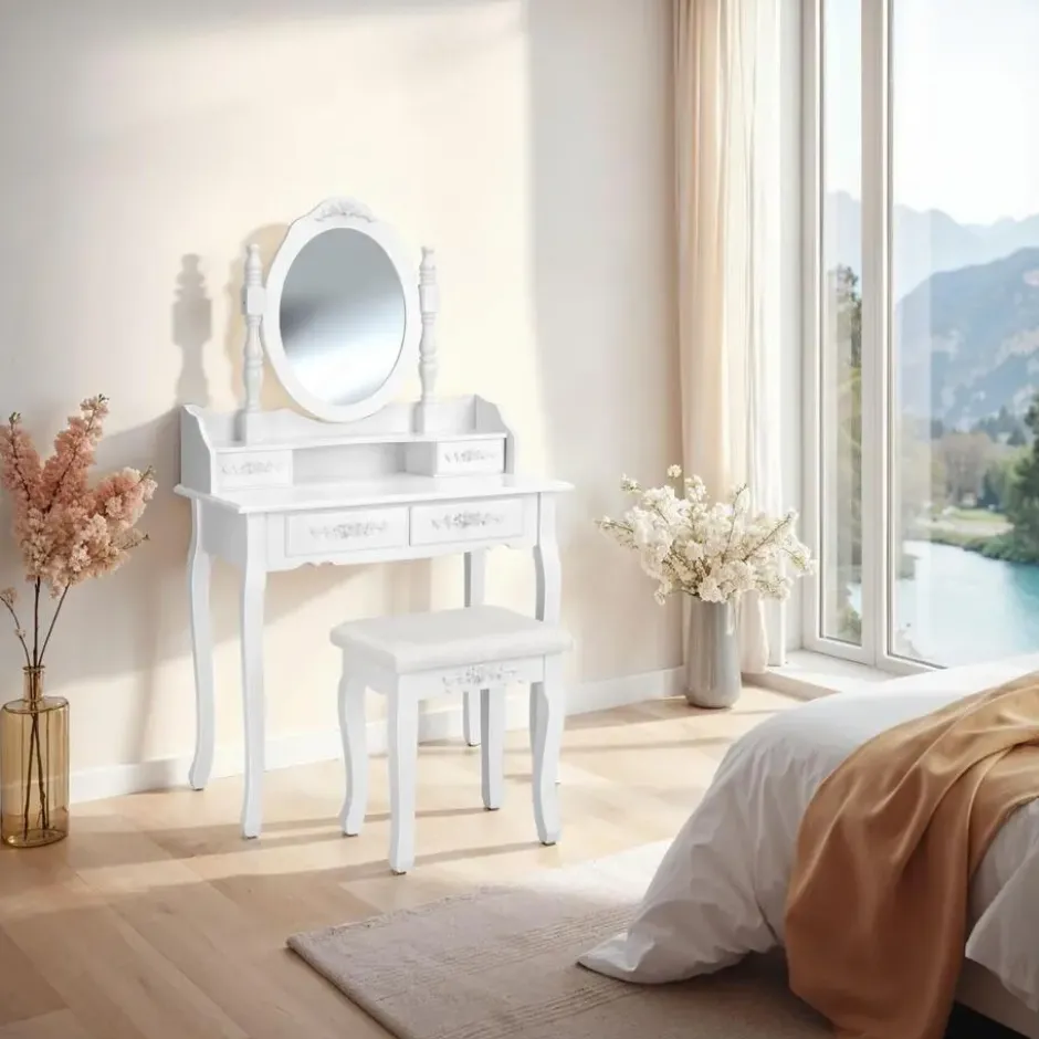 tectake Makeup-tafel met spiegel en hocker in antieke look, Wit