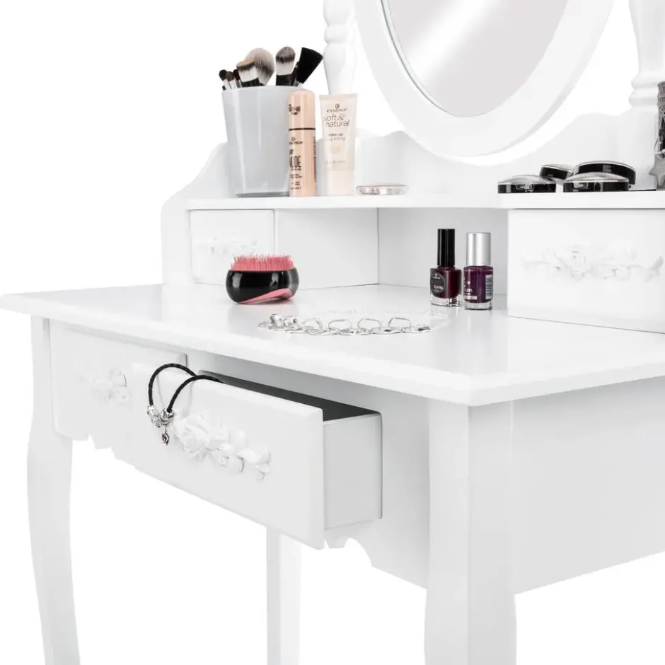tectake Makeup-tafel met spiegel en hocker in antieke look, Wit