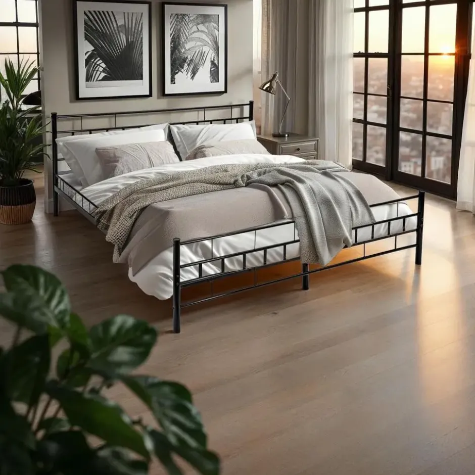 tectake Metalen bed met lattenbodem in modern ontwerp, 200 x 140 cm, Zwart