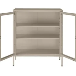tectake Metalen Vitrinekast, Glazen Deuren, Taupe, 2 Planken, Op Poten