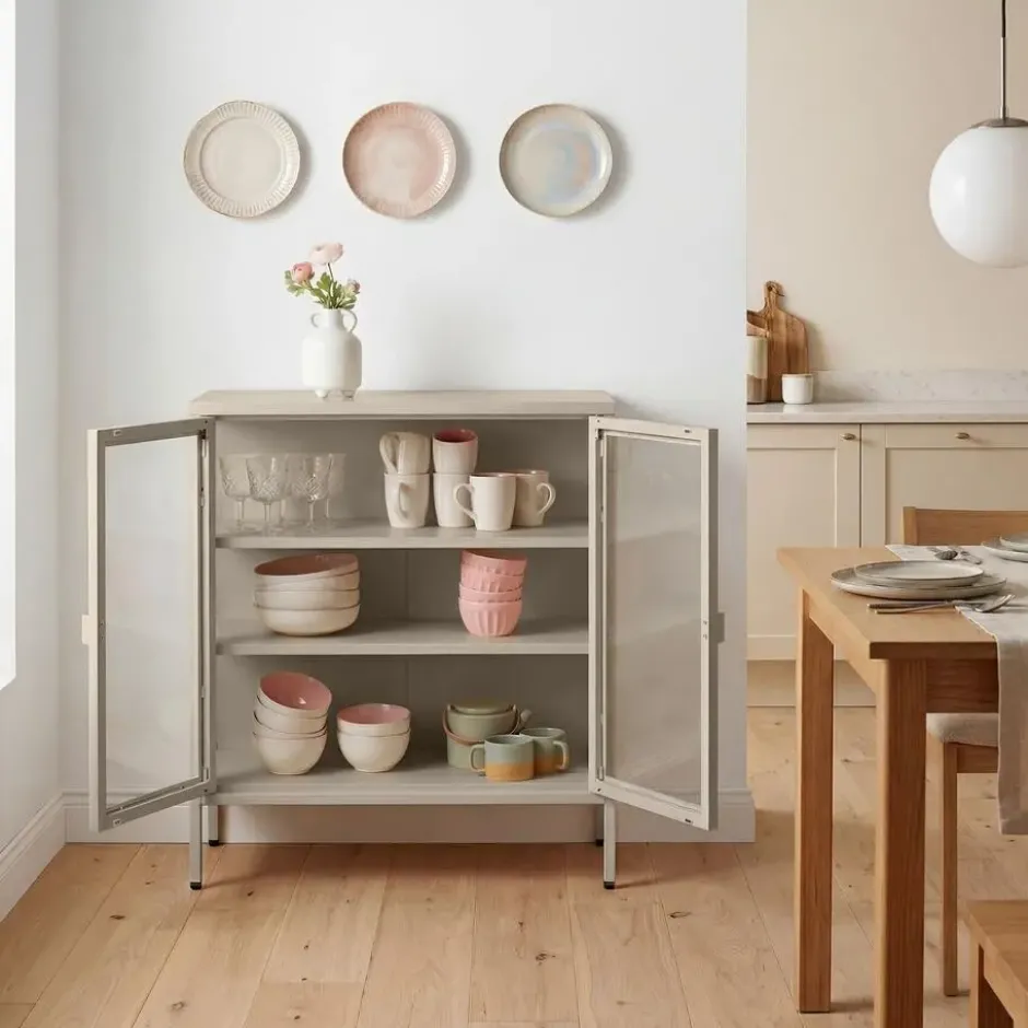 tectake Metalen Vitrinekast, Glazen Deuren, Taupe, 2 Planken, Op Poten