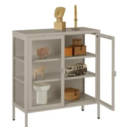 tectake Metalen Vitrinekast, Glazen Deuren, Taupe, 2 Planken, Op Poten