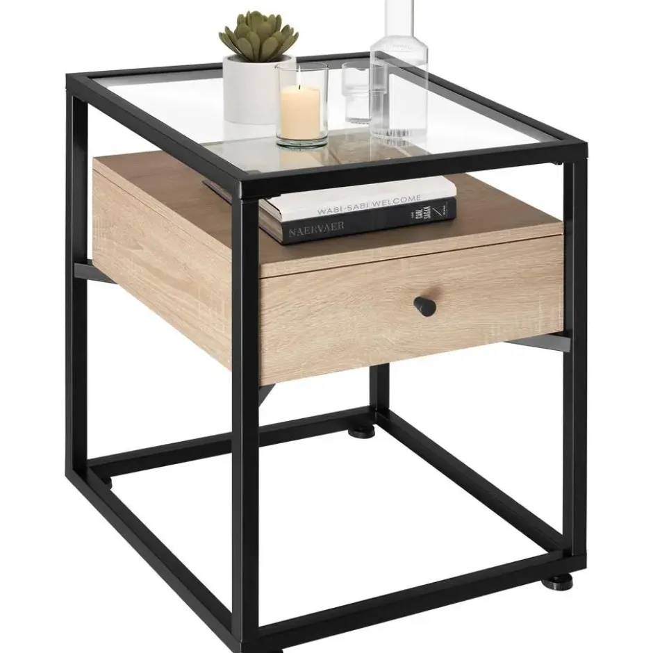 tectake Nachtkastje Preston 43x45x54,5cm, Industrieel Licht Hout, Eiken Sonoma