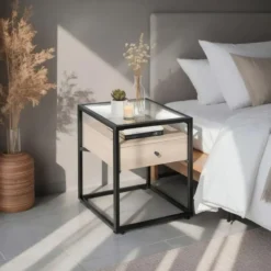 tectake Nachtkastje Preston 43x45x54,5cm, Industrieel Licht Hout, Eiken Sonoma