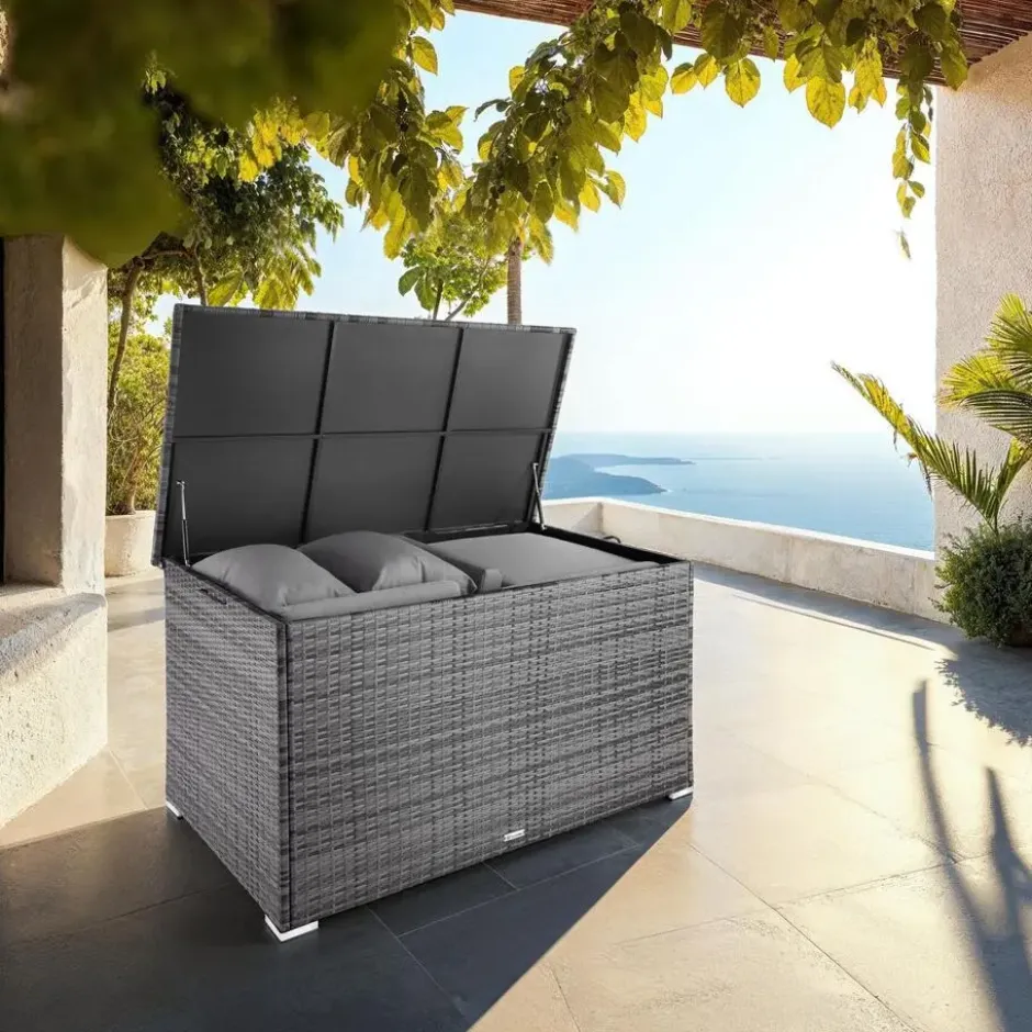 tectake Opbergbox Groß Volumen - Grau - UV-beständig Polyrattan - Alu Rahmen