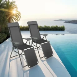 tectake 2 opvouwbare aluminium tuinstoelen met rug- en voetsteun, Antraciet