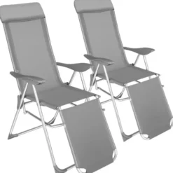 tectake 2 opvouwbare aluminium tuinstoelen met rug- en voetsteun, Grijs