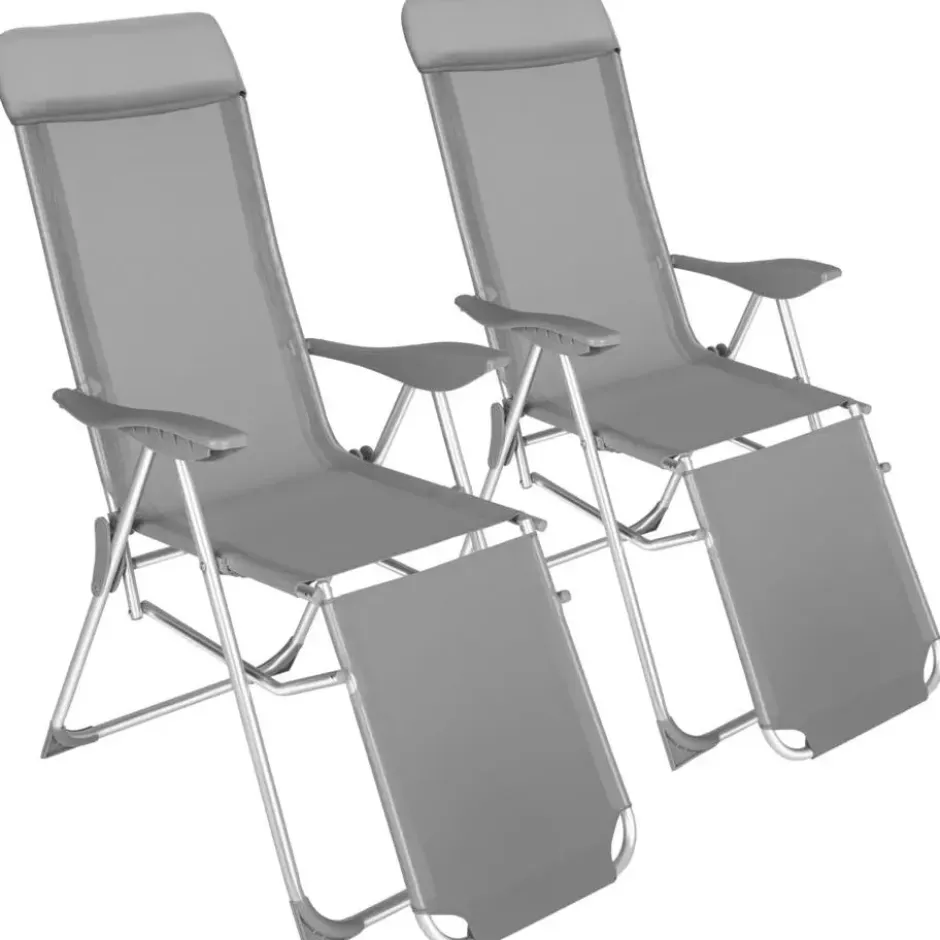tectake 2 opvouwbare aluminium tuinstoelen met rug- en voetsteun, Grijs