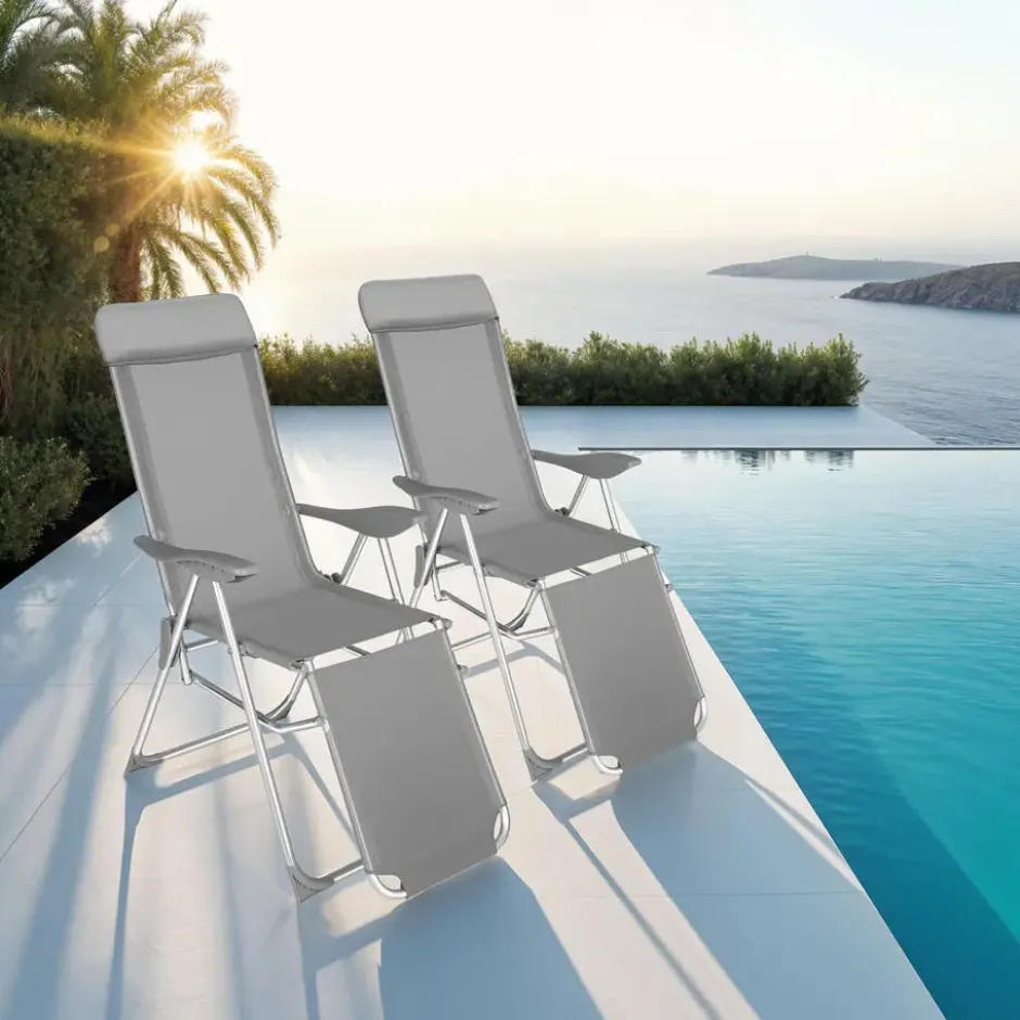 tectake 2 opvouwbare aluminium tuinstoelen met rug- en voetsteun, Grijs