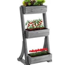 tectake Plantenbak Flora, gelakt hout, met plantenfolie, Grijs