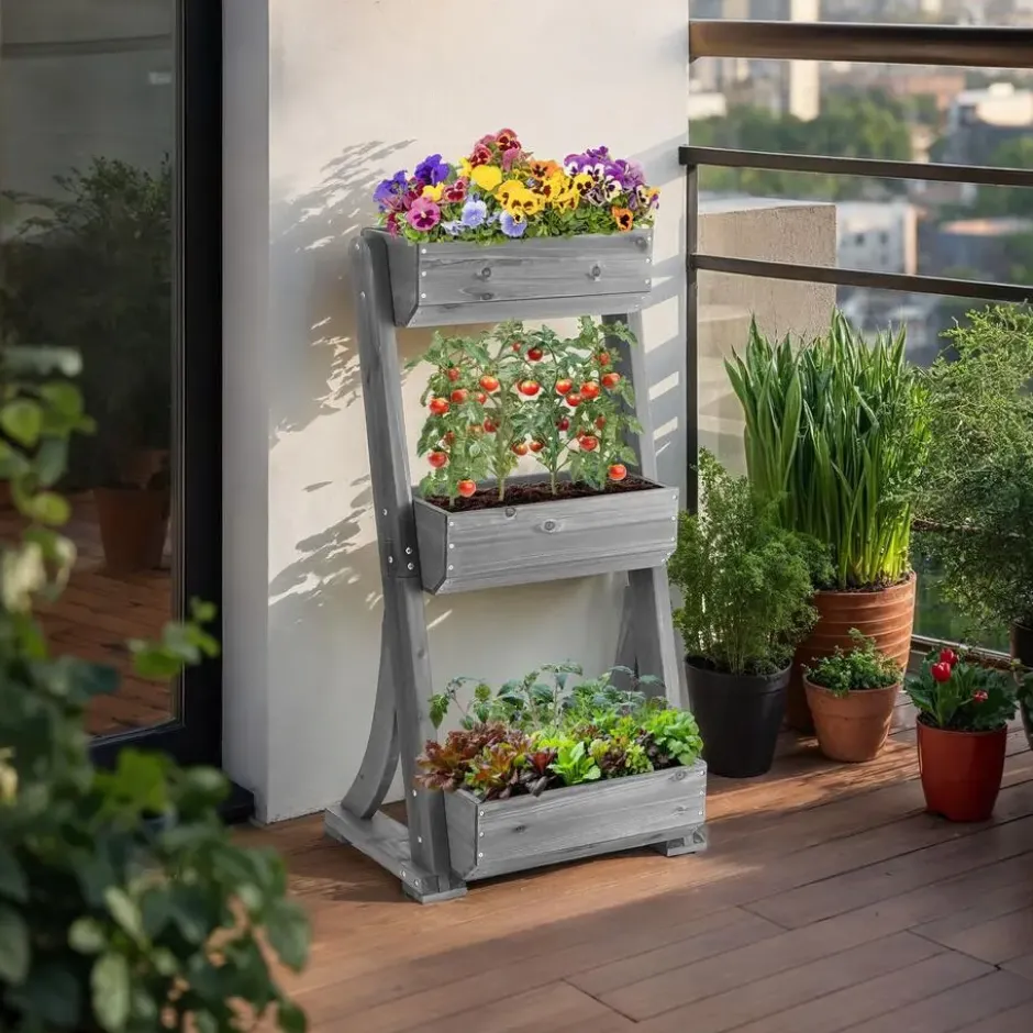 tectake Plantenbak Flora, gelakt hout, met plantenfolie, Grijs