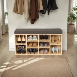 tectake Schoenenkast met zitkussen 103,5x48x30cm, Donkergrijs/Eiken Licht