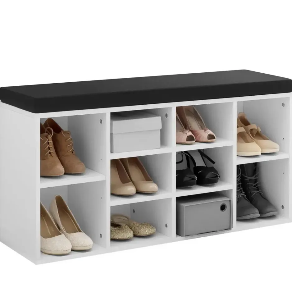 tectake Schoenenkast met zitkussen 103,5x48x30cm, Zwart / Wit