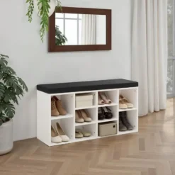 tectake Schoenenkast met zitkussen 103,5x48x30cm, Zwart / Wit