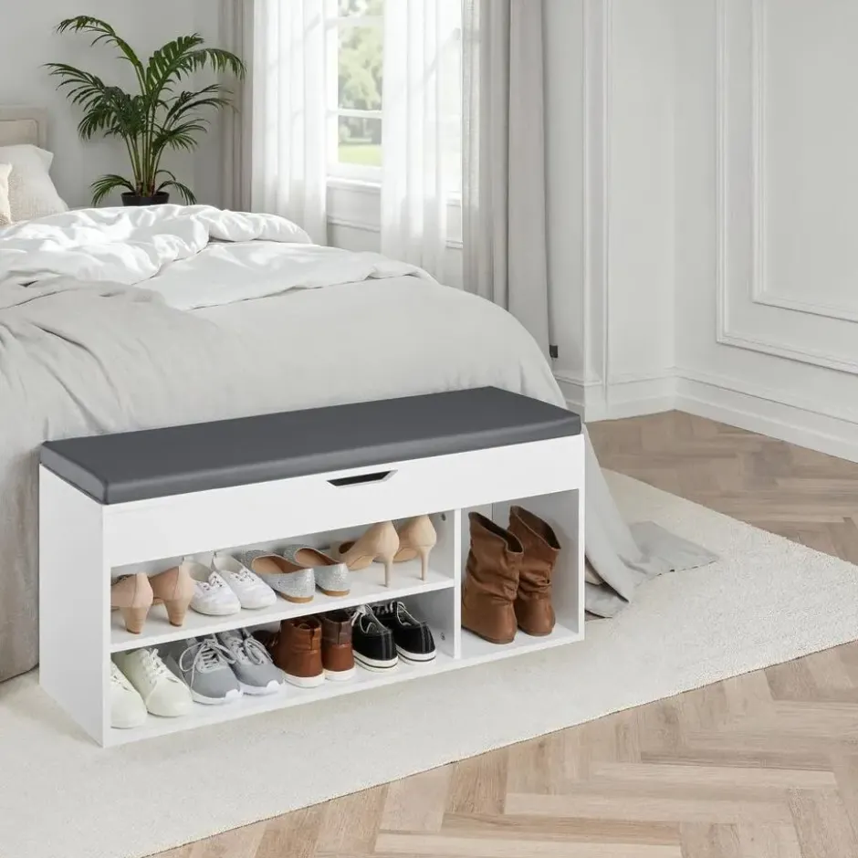 tectake Schoenenkast Natalya met zitkussen 104x30x49cm, Wit