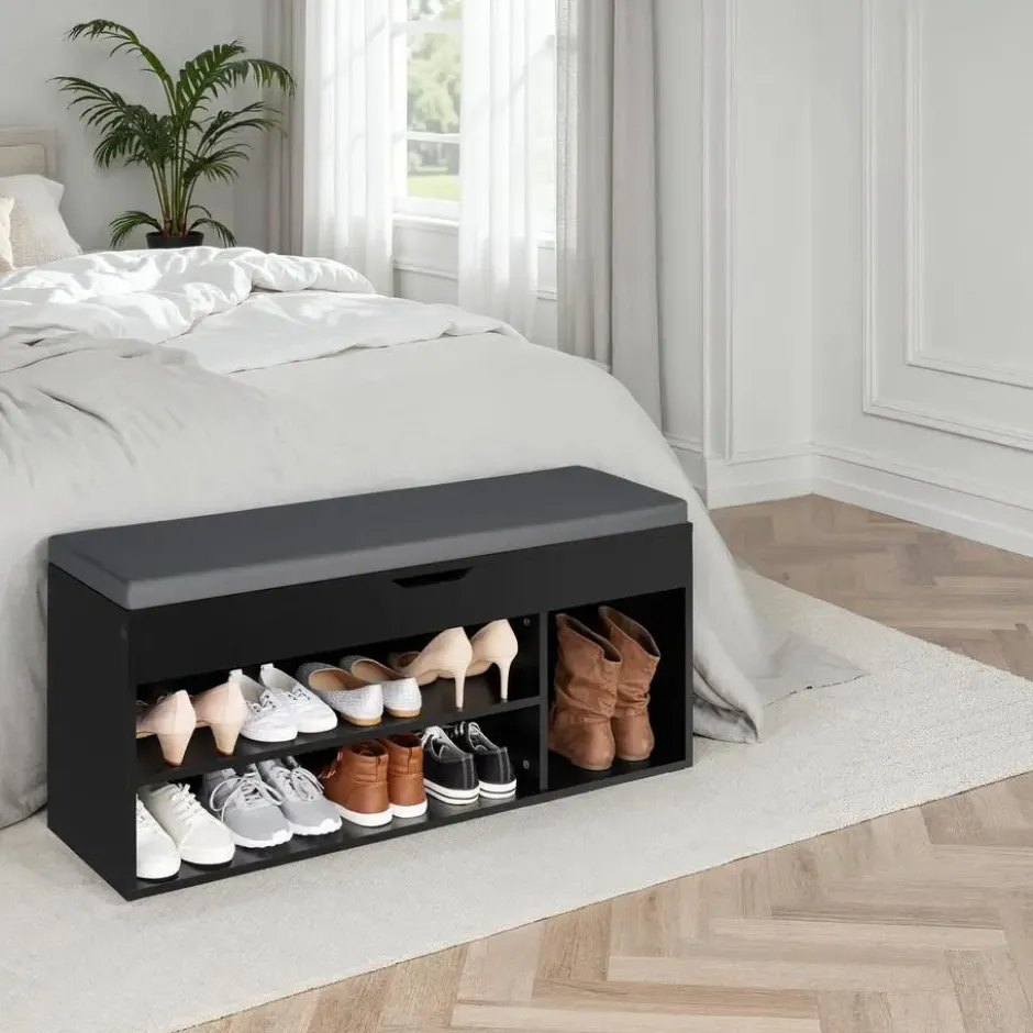 tectake Schoenenkast Natalya met zitkussen 104x30x49cm, Zwart